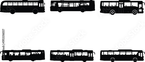 An assortment of six black bus silhouettes, featuring different types of public transit vehicles in a clear side profile against a bright white backdrop, useful for web and print.