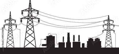 Black silhouette power transmission towers and industrial buildings