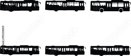 Six distinct black vector silhouettes of various public transportation buses, shown in side view, isolated on a pristine white background, perfect for urban mobility concepts.