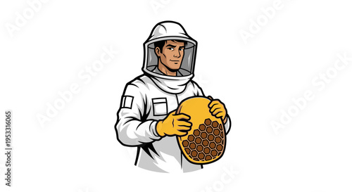 Beekeeper in protective white suit.