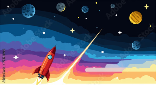 Rocket ship blasting off into colorful cosmic sky with planets and stars at sunset