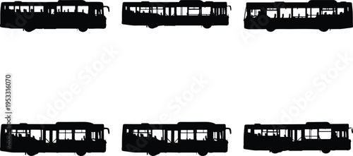 Multiple black bus silhouettes, presenting a variety of public transportation vehicles in a detailed side view on a stark white background, suitable for infographics and apps.