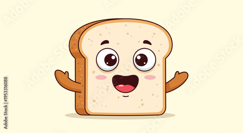 Happy cartoon slice of white bread with a smiling face and open arms on a soft yellow background for food designs.