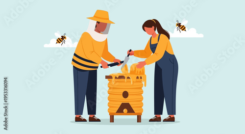 Beekeeper and assistant handling honeycomb.
