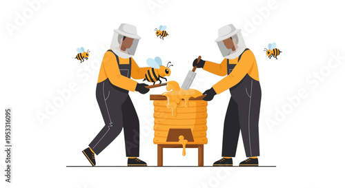 Beekeepers working with honeycomb frame.
