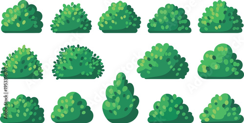 Green bush vector set for flat cartoon landscape design