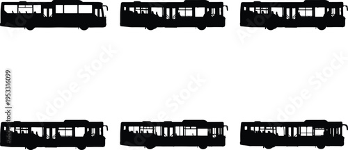 Various public city bus silhouettes in black vector format, presented in side view and isolated on a white background, symbolizing efficient urban movement and daily commutes.