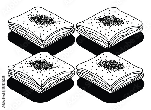 Four Diamond-Shaped Pastries with Seeds, Illustrated in Black and White