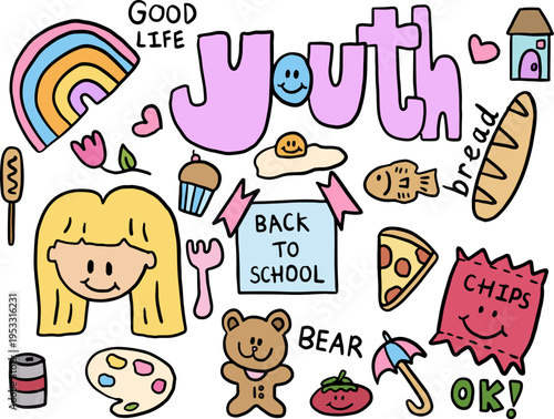 Vector illustrations of kid drawing style elements including girl, rainbow, cupcake, happy fried egg, pizza slice, bread loaf, corndog, home, heart, fish pancake, teddy bear doll, water colours, fork