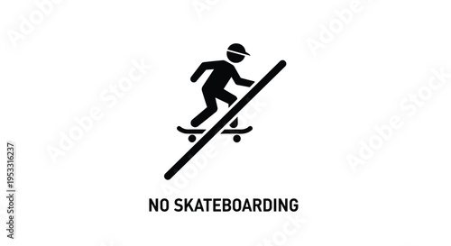 No skateboarding forbidden sign featuring a black silhouette of a skateboarder behind a diagonal prohibition line.