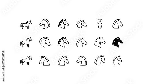 Minimal horse silhouette icon set simple equine vector symbols and horse head logos isolated on white background
