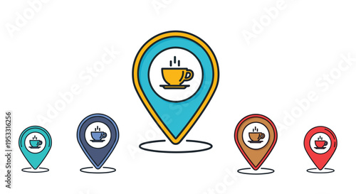 Set of map pin icons in five different colors each containing a coffee cup symbol for locating local cafes.