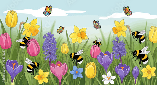 Bees flying around colorful flowers.