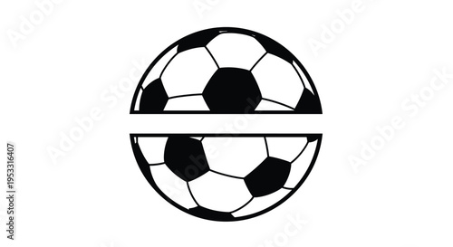 Black and white illustration of a soccer ball split in half by a thick horizontal white line for custom text.