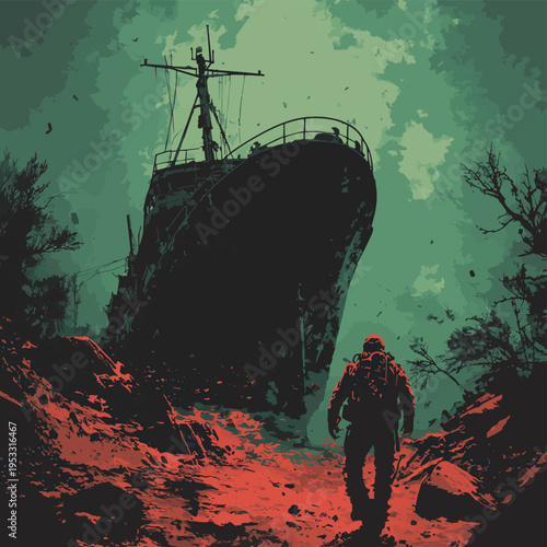 Diver, shipwreck, murky water, post-apocalyptic , vector style simple color