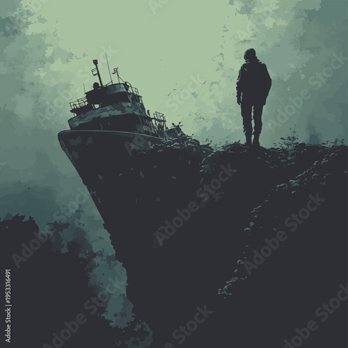 Diver, shipwreck, murky water, post-apocalyptic , vector style simple color