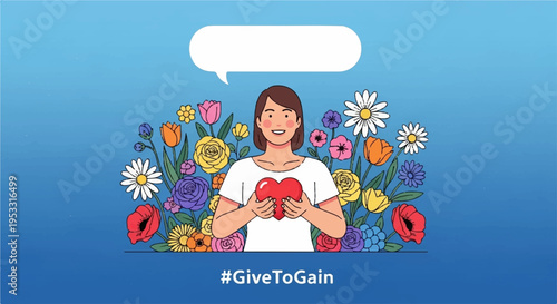 Woman holding heart surrounded by colorful flowers and speech bubble for charity or love concept