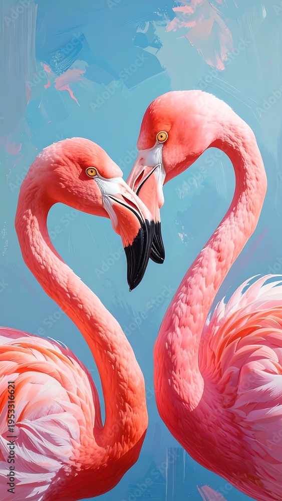 Fototapeta premium A heart-shaped pair of pink flamingos against a blue background