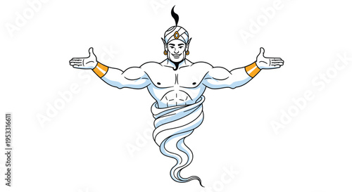 Illustration of a powerful white genie with muscular arms and a turban emerging from a swirl of smoke or mist.