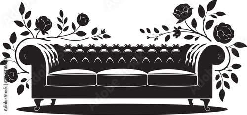 Black silhouette tufted sofa with floral couch