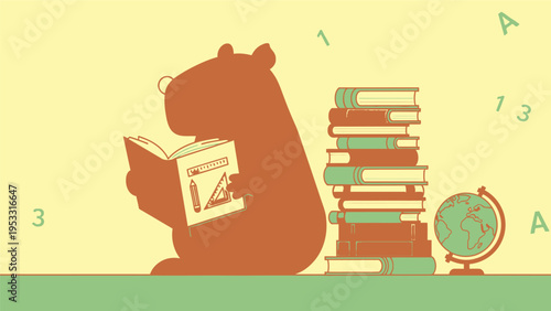 Bear Reading Book with Stack of Books.