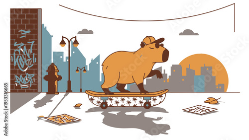 Cartoon Capybara Standing in Bathtub Scene.