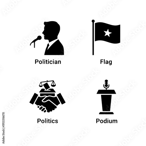 politician speaking at podium with flag and politics symbols vector illustration
