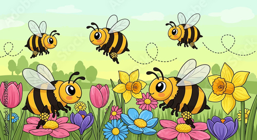 Cartoon Bees Flying Around Colorful Flowers.