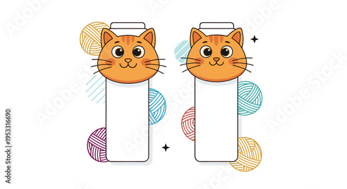 Two cute orange cat head bookmarks on white rectangles surrounded by colorful yarn balls on a white background.
