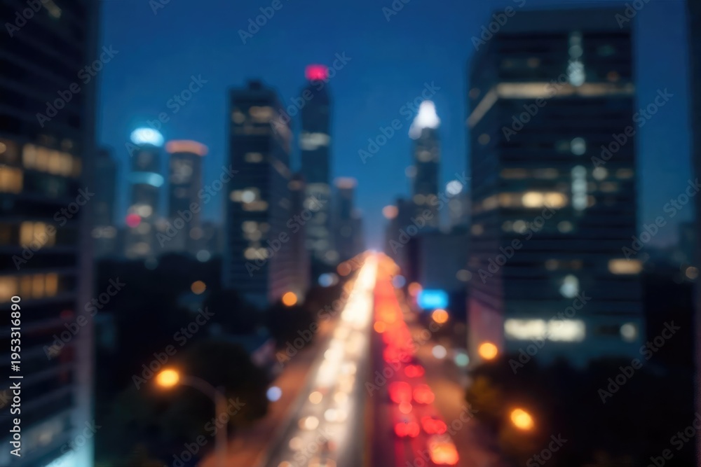 Obraz premium A blurred cityscape at night, softly lit windows in high-rise buildings, suggesting a bustling urban background ideal for website design or app interface , design, contemporary