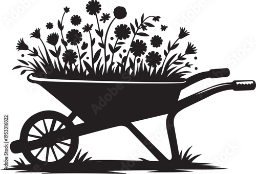 Black silhouette wheelbarrow filled with flowers gardening