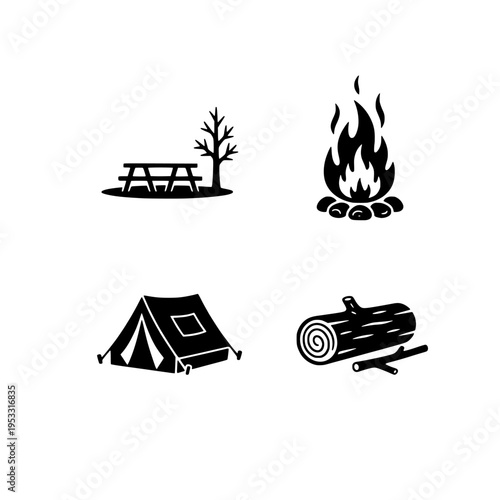 Camping icons set with picnic table, campfire, tent, and logs vector illustration