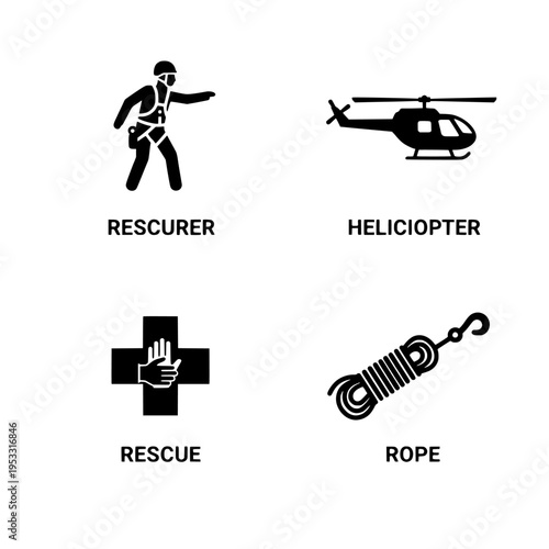 rescue icons set with rescuer, helicopter, medical cross and rope vector illustration