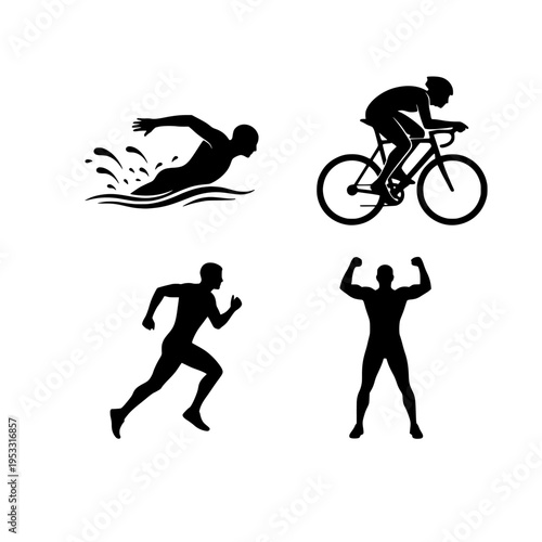Triathlete icons set with swimming, cycling, running, and fitness vector illustration