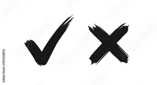 Hand-drawn black brush stroke check mark and cross mark symbols representing yes and no on a white background image.