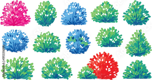 Colorful vibrant fantasy magic bush and bright floral elements