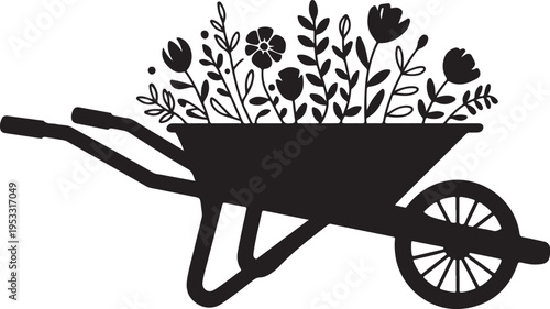 Black silhouette wheelbarrow filled with flowers gardening