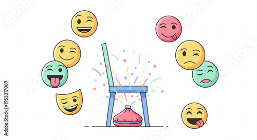 Colorful emojis surround a joyful surprise party popper with confetti