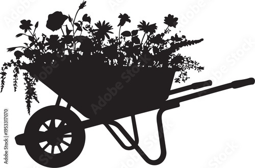 Black silhouette wheelbarrow filled with flowers gardening
