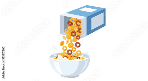 Bowl of colorful breakfast cereal pouring from an open box, a healthy and delicious morning meal splash