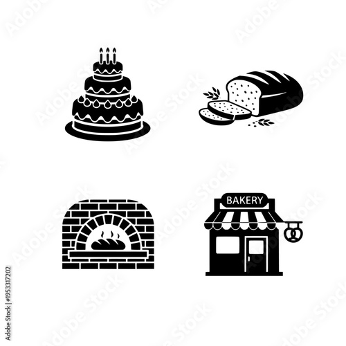 Bakery icons set with cake, bread, oven and shop vector illustration