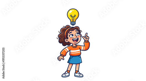 A young girl with curly hair wearing a blue and orange striped skirt has a bright yellow lightbulb illuminate above her head, signifying a brilliant idea