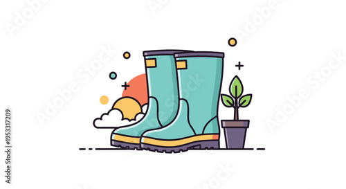 Pair of light green rubber boots next to a small potted plant with a sunset and cloud in the background illustration.