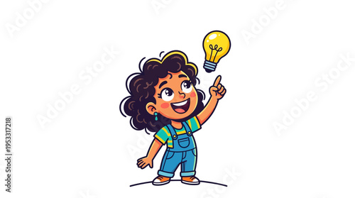 A bright young girl with curly hair points excitedly towards a glowing lightbulb, symbolizing a sudden brilliant idea, innovation, and the spark of creativity and learning in childhood moments