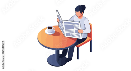 Isometric vector illustration of a person reading a newspaper and enjoying coffee at a table, ideal for concepts of morning routines, news, and peaceful relaxation