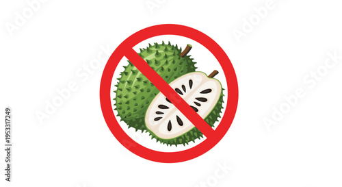Red prohibition circle with a slash over a whole and a half green soursop fruit with black seeds on white background.
