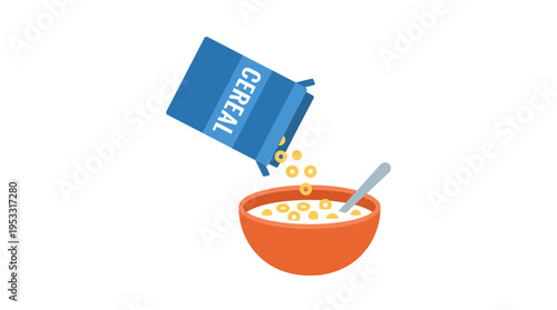 Vibrant vector illustration showcasing a nourishing morning meal preparation, with crunchy breakfast cereal gently cascading from its container into a bowl of fresh milk, accompanied by a silver spoon