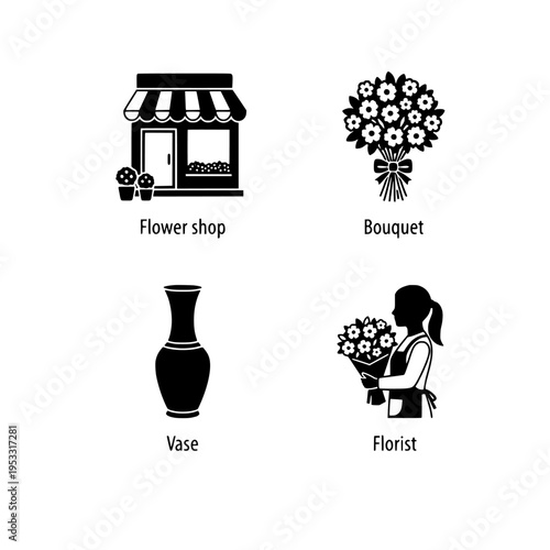 flower shop vector illustration with florist, bouquet, and vase
