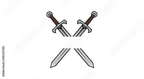 Two crossed medieval swords with grey blades and brown hilts separated by a horizontal white space for text on white.