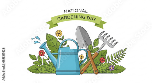 National gardening day illustration with tools and plants